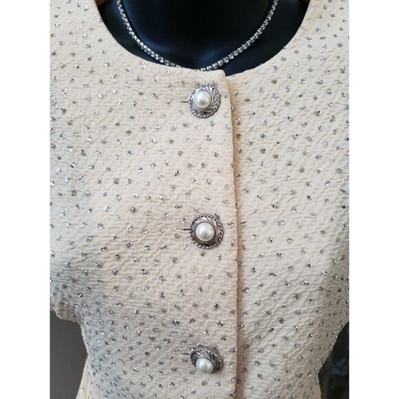 Leslie Fay Skirt Suit Set Women 10 Beige Glitter Dots Short Sleeve Button Front - Picture 10 of 14